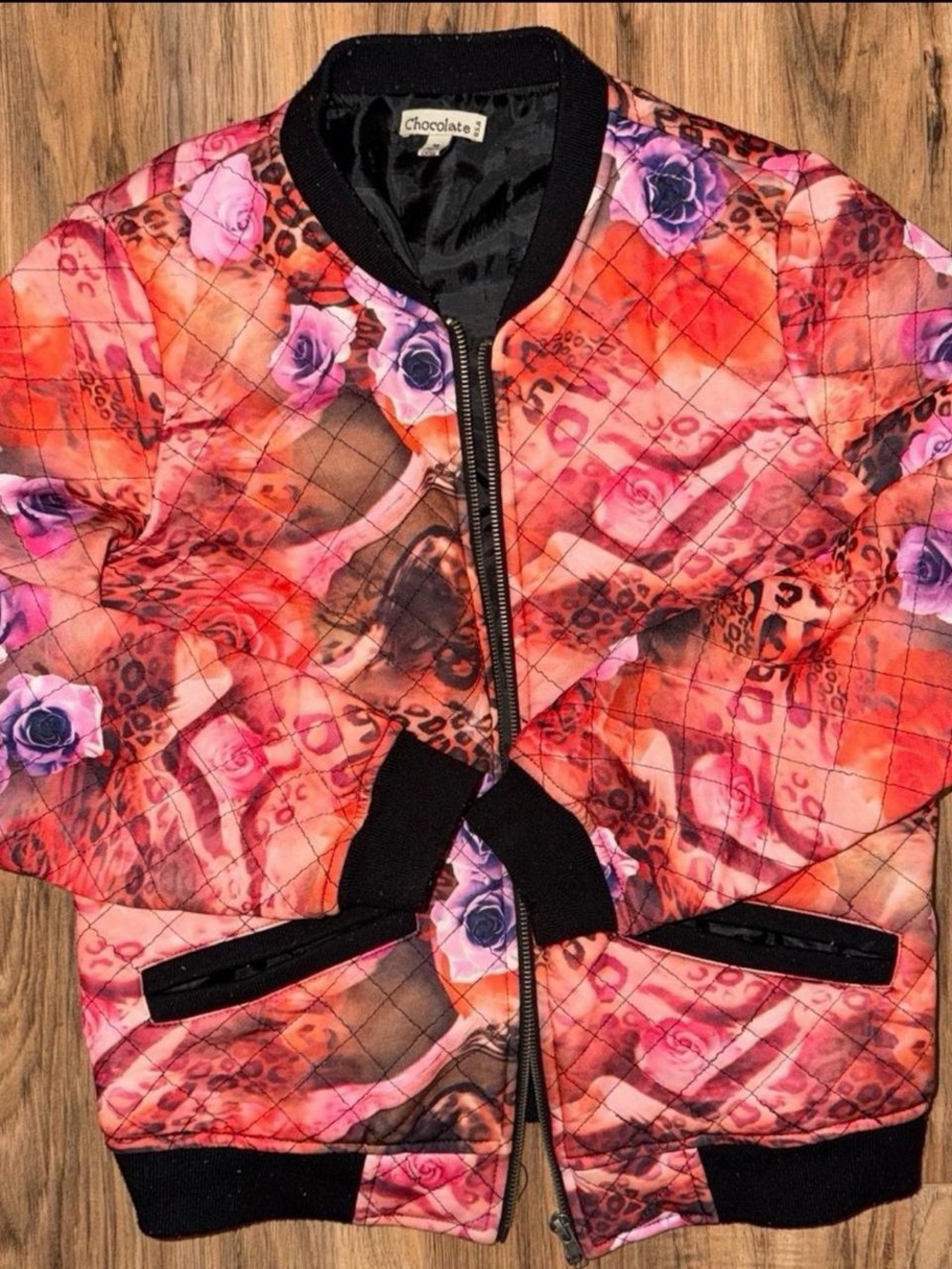 Chocolate Quilted Floral Bomber Jacket in Coral and Pink